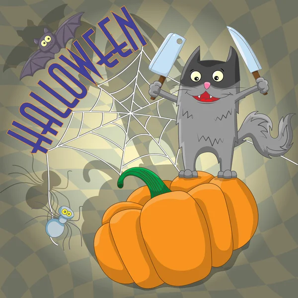 Ilustração de Halloween gato engraçado em uma máscara com facas está na abóbora — Vetor de Stock