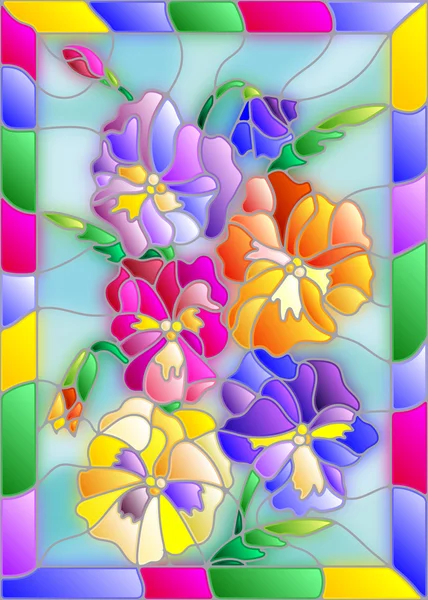 Ilustración en estilo vitral con flores, brotes y hojas de pansy — Archivo Imágenes Vectoriales