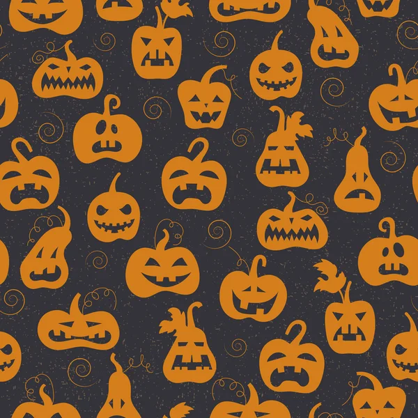 Padrão sem costura sobre o tema do Halloween, diferentes formas de abóboras laranja em um fundo escuro — Vetor de Stock