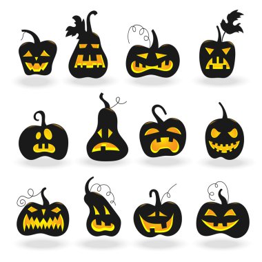 Cadılar Bayramı için ayarlayın, parlayan gözleri beyaz arka plan ile kabak karanlık siluetleri