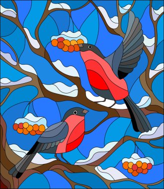 Vitray tarzı bullfinches, karla kaplı dağ kül ağaç arka plan üzerinde bir çift ile resimde
