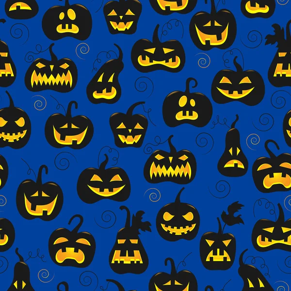 Padrão sem costura sobre o tema do Halloween, diferentes formas de abóbora escura no fundo azul — Vetor de Stock