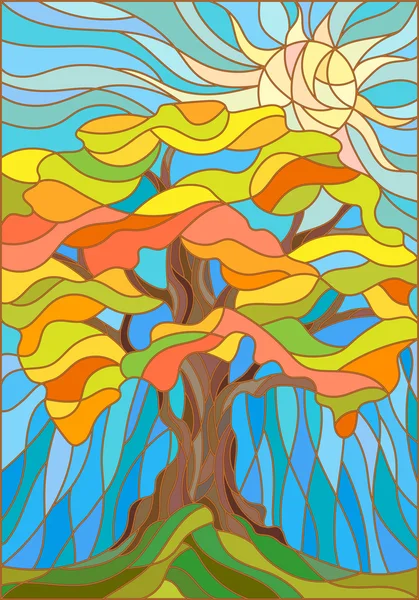 Ilustracja w stylu witraże jesienne drzewo na tle nieba i słońce — Wektor stockowy