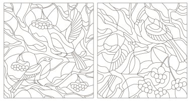 Bir dağ külü dalları üzerinde kış kuşları bullfinches ve kardinaller ile vitray kontur illüstrasyon ayarlayın