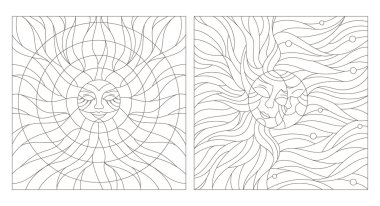 Gök cisimleri ile vitray Pencereler set kontur illüstrasyon