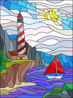 Deniz manzarası, deniz feneri ve yelkenli güneş, gökyüzü ve deniz bir arka plan ile vitray tarzı İllüstrasyon