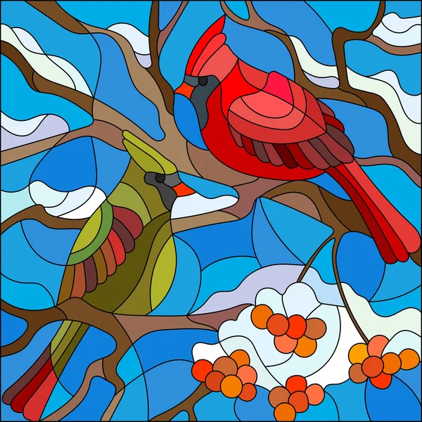 Illustration in Glasmalerei, Vogelpaar Kardinäle sitzen auf einem Zweig der Eberesche auf einem Hintergrund des Himmels und kein Schnee — Stockvektor