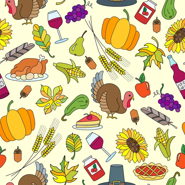 Sömlös mönster för semester Thanksgiving Day, en enkel handritade färg ikoner på gul bakgrund — Stock vektor