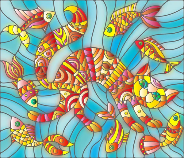Vitray stil soyut kedi ve balık çizimde — Stok Vektör