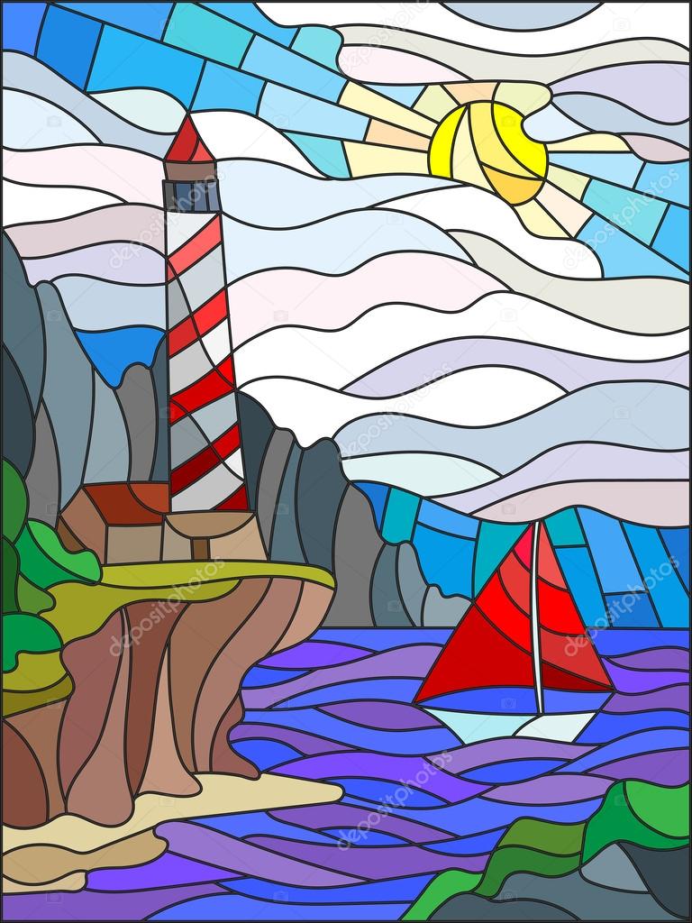 Illustration in stained glass style with the seascape, lighthouse and sailboat on a background of sun, sky and sea