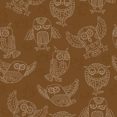 Seamless modeli ile sevimli baykuşlar sonbahar yaprakları ve kahverengi bir arka plan üzerinde bulutlar