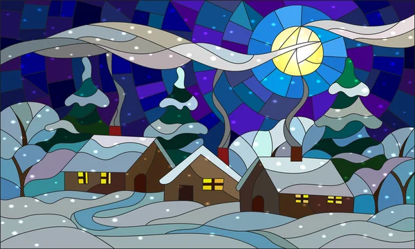 Illustrazione in stile vetrate con lo scenario del villaggio invernale, tre case singole sullo sfondo di alberi innevati, neve e cielo notturno — Vettoriale Stock