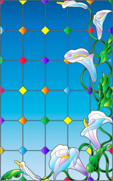 Ілюстрація у вітражному стилі з квітами, бутонами та листям квітки Кали на небі — стоковий вектор