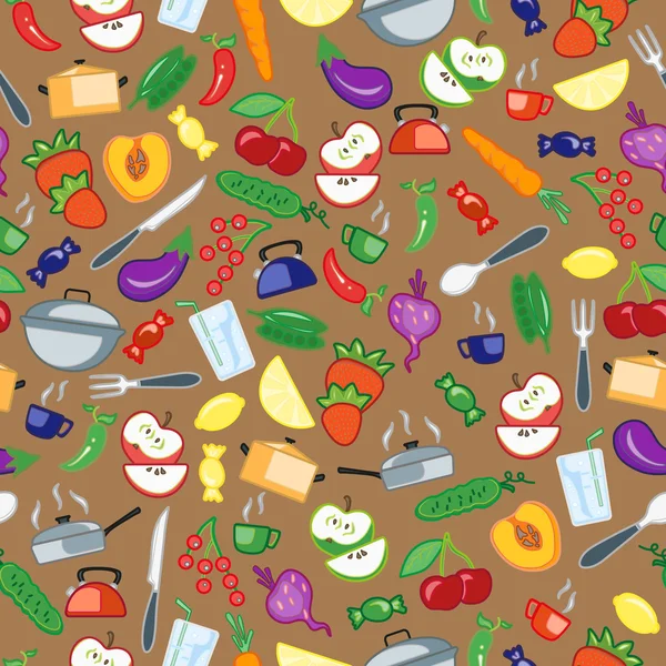 테마에 간단한 아이콘으로 원활한 패턴 주방 액세서리 및 식품, 갈색 배경 색 아이콘 — 스톡 벡터