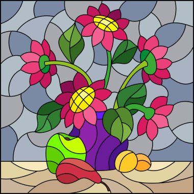 Durgun hayat dolu vitraylı bir resim, gri arka planda bir buket pembe çiçek ve meyve, kare resim