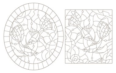 Su ve alg arka planında soyut balıkların olduğu bir dizi çizim, beyaz arka planda koyu çizgiler.