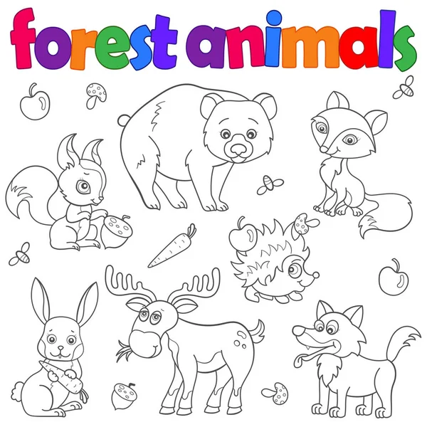 Orman Hayvanlarının Çizimleri Beyaz Arka Planda Koyu Çizgiler Boyama Kitabı — Stok Vektör
