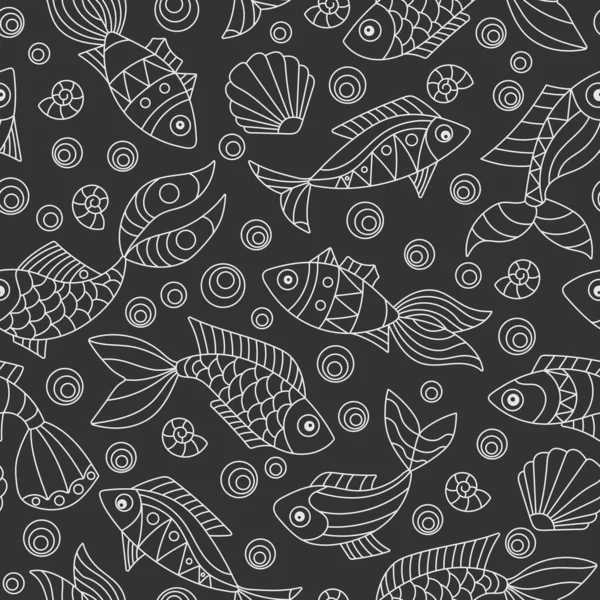 Безшовний Візерунок Морській Тематиці Рибами Мушлями Легкі Контурні Риби Темному — стоковий вектор