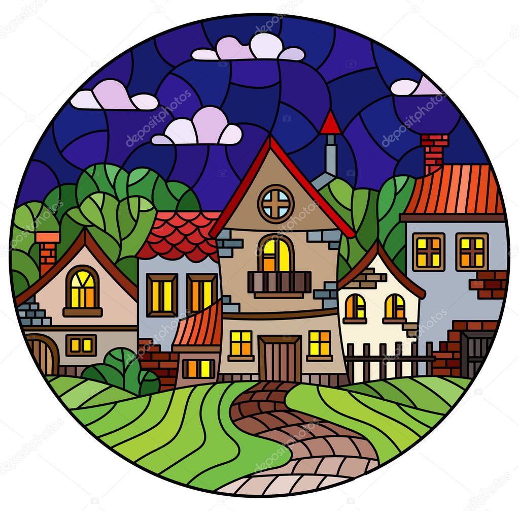 Illustration in the stained glass style of an urban landscape, cozy village houses against the night sky, oval image