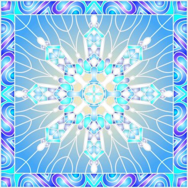 Parlak bir çerçeve içinde mavi renkli kar taneleri ile boyalı cam tarzında bir resim 