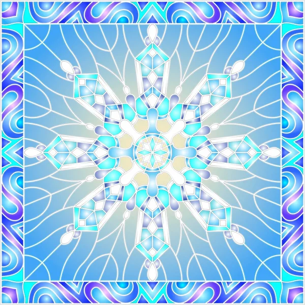 Illustration Stained Glass Style Snowflake Blue Colors Bright Frame — Stock Vector