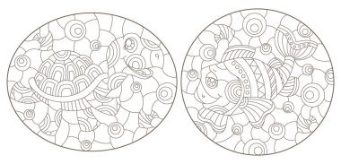 Çizgi film karakteri, komik balık ve kaplumbağa, oval resimler, beyaz arka planda koyu çizgiler olan boyalı camların çizimleri.