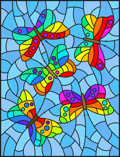 Ілюстрація Вітражному Стилі Абстрактними Яскравими Метеликами Синьому Фоні Прямокутне Зображення — стоковий вектор