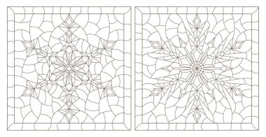 Kar taneleri, yuvarlak ve kare görüntüler, beyaz arkaplanda koyu çizgiler ile renklendirilmiş cam tarzında çizimler