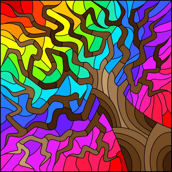 Illustration Glasmalereistil Mit Einem Abstrakten Baum Auf Einem Regenbogenhintergrund Quadratisches — Stockvektor