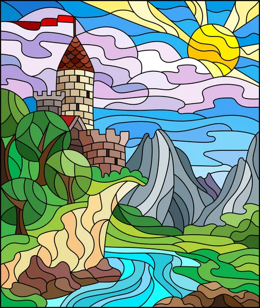 Illustration Glasmalereistil Mit Einer Landschaft Einer Alten Burg Auf Dem — Stockvektor