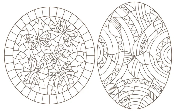 Set Illustrazioni Contorno Stile Vetrate Con Farfalle Astratte Profili Scuri — Vettoriale Stock