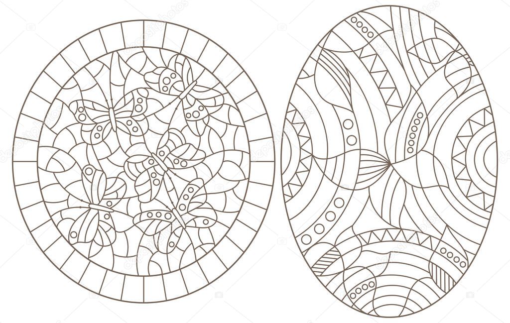 Set of contour illustrations in stained glass style with abstract butterflies, dark outlines on a white background, oval images