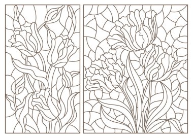 Çerçevelerinde laleler, beyaz arka planda koyu hatlar, dikdörtgen görüntüler olan boyalı cam pencerelerin bir dizi çizimi