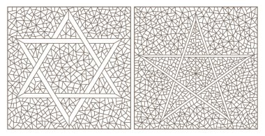 Yıldızlı mozaik pencerelerin bir dizi çizimi, beyaz arkaplandaki koyu hatlar, kare resimler 