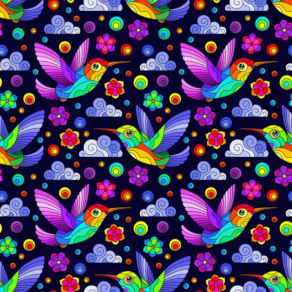 Nahtloses Muster Mit Hellen Kolibris Wolken Und Blumen Hellen Vögeln — Stockvektor