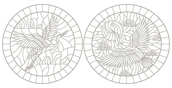 ステンドグラスの輪郭線のセット空に対する白鳥とWindows 白い背景に暗い輪郭線 楕円形の画像 — ストックベクタ