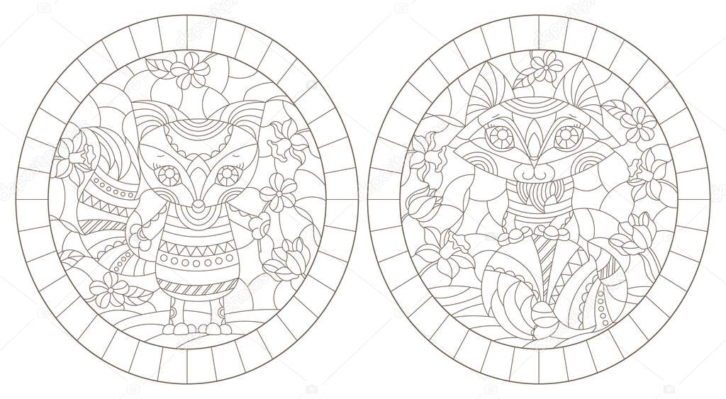 Set of contour illustrations of stained glass Windows with funny cartoon raccoones and flowers, dark outlines on a white background, oval images