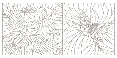 Gökyüzüne karşı kuğular, beyaz arkaplan üzerinde koyu çizgiler, dikdörtgen görüntüler olan boyalı cam pencerelerin çizimleri.