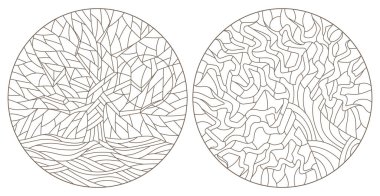 Soyut ağaçlı mozaik pencerelerin dış hatları, beyaz arka planda koyu çizgiler, yuvarlak resimler.