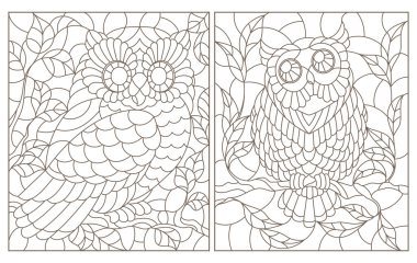 Ağaç dallarında sevimli karikatür baykuşları, beyaz arka planda koyu çizgiler olan boyalı cam pencerelerin çizimleri.