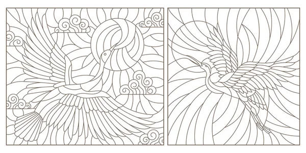 Набір Контурних Ілюстрацій Вітража Вікна Лебедями Небі Темні Контури Білому — стоковий вектор