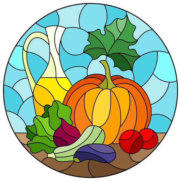 Иллюстрация Витражном Стиле Натюрмортом Зрелыми Овощами Бутылкой Масла Круглое Изображение — стоковый вектор