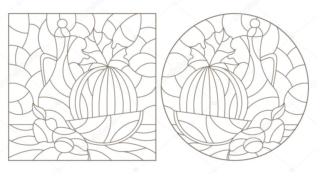 Set of contour illustrations of stained glass Windows with still lifes, a jug and a cut watermelon, dark outlines on a white background