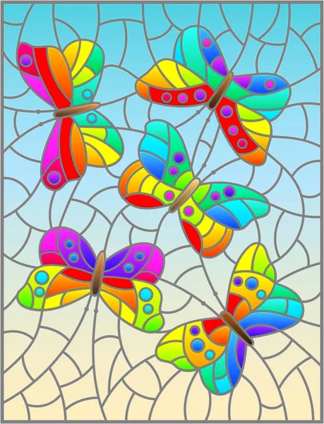 Ilustración Estilo Vitral Con Mariposas Brillantes Abstractas Sobre Fondo Azul — Archivo Imágenes Vectoriales