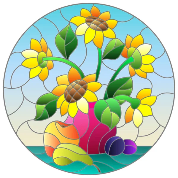 Illustrazione Stile Vetrate Con Nature Morte Bouquet Girasoli Frutta Sfondo — Vettoriale Stock