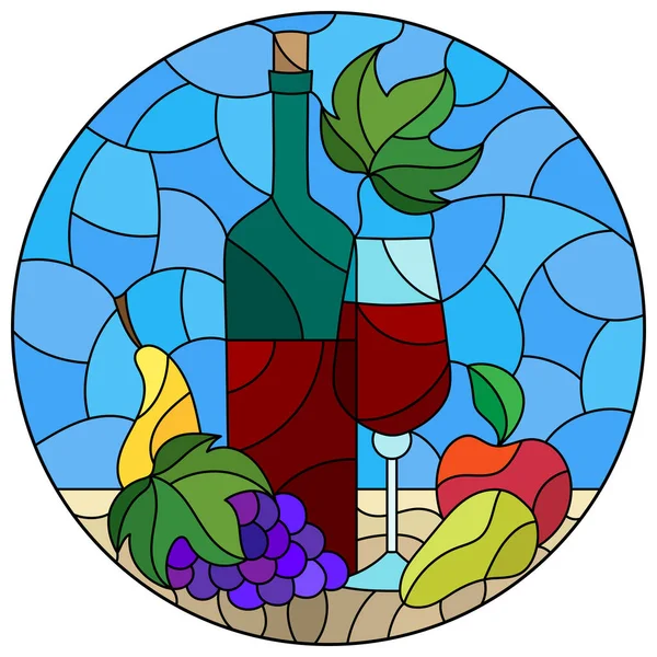 Glas Illustratie Met Stilleven Wijnfles Glas Fruit Rond Beeld — Stockvector