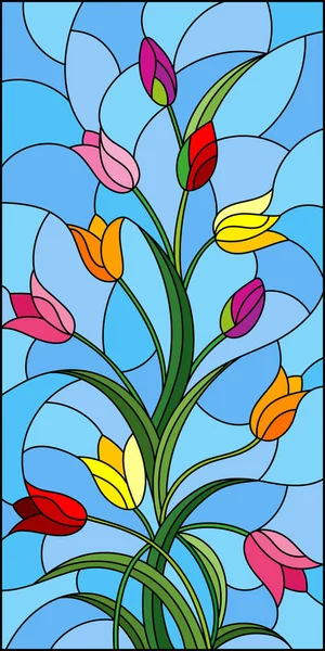 Ilustración Estilo Vitral Con Arreglo Floral Tulipanes Sobre Fondo Azul — Archivo Imágenes Vectoriales