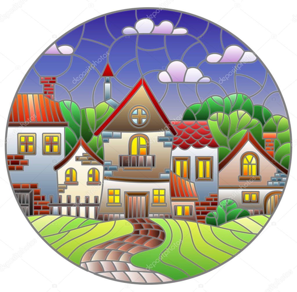 Illustration in the stained glass style of an urban landscape, cozy village houses against the night sky, oval image