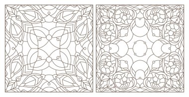 Soyut girdaplar ve çiçekler, kare resim, beyaz arkaplan üzerindeki koyu çizgiler ile renklendirilmiş camların çizimlerini ayarla