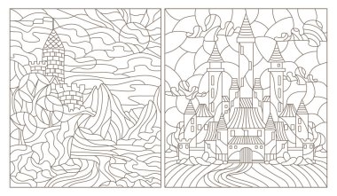 Eski şatolara sahip mozaik camlar, beyaz arka planda koyu renk çizgiler.